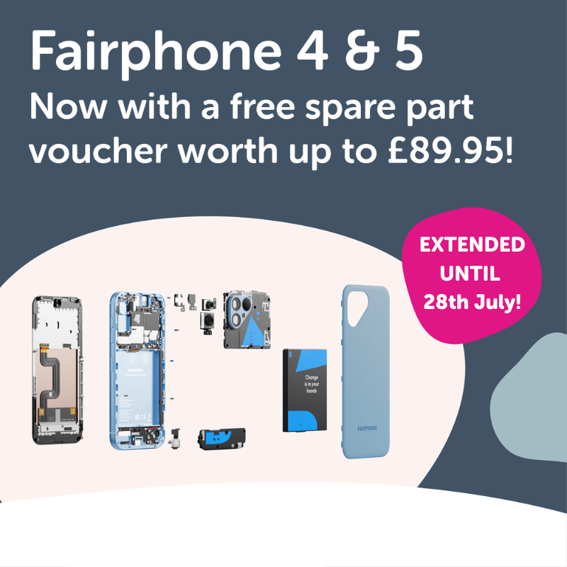 Fairphone 5 in blue showing all the spare parts