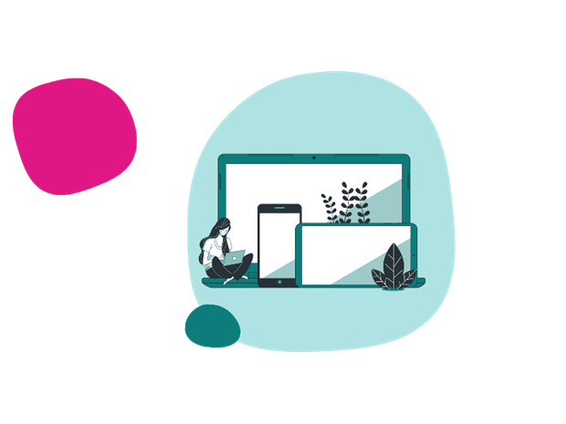 illustration of a woman using her laptop, with a mobile and tablet in the background