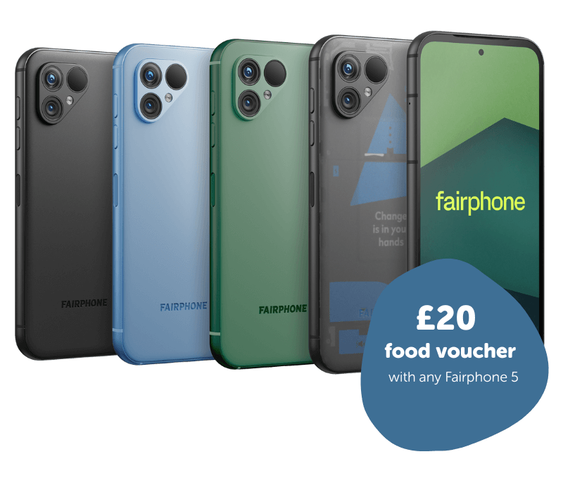 Fairphone 5 in green, blue, black and transparent