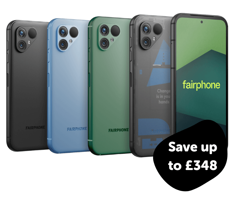 Fairphone 5 in black, blue, green and transparent
