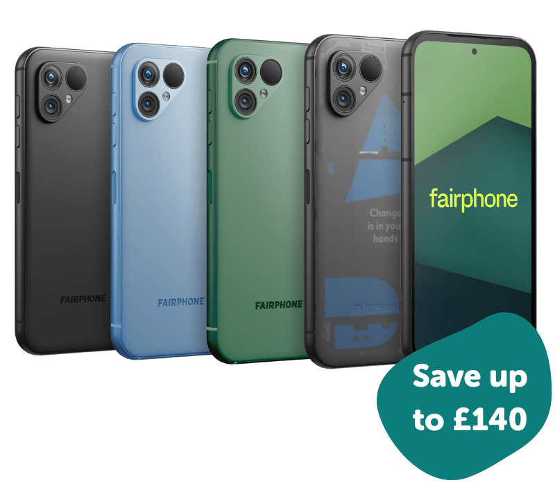 Fairphone 5 in black, blue, green and transparent