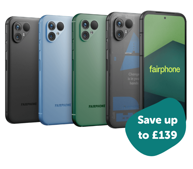 Fairphone 5 in black, blue, green and transparent