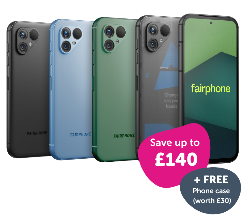Fairphone 5 in black, blue, green and transparent