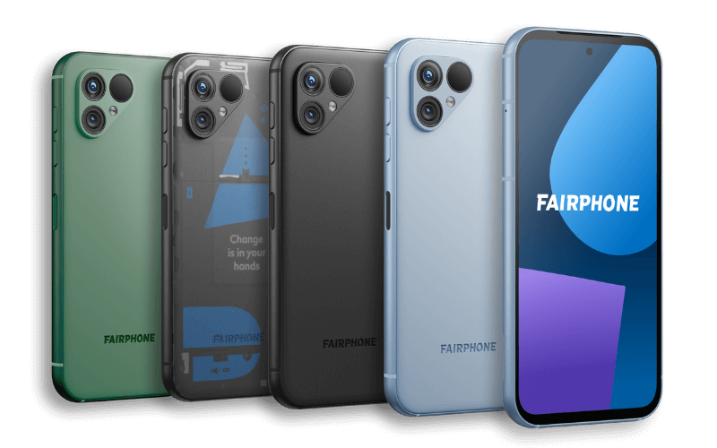 fairphone 5 in green, transparent, matte black and sky blue