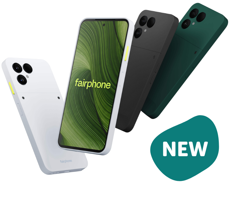 Fairphone 6 in white, green and black