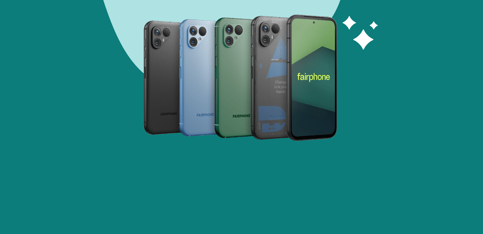 Fairphone 5 in black, blue, green and transparent