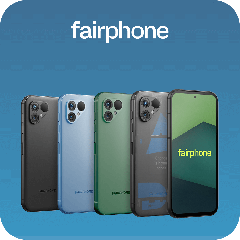 Fairphone 5 in black, blue, green and transparent