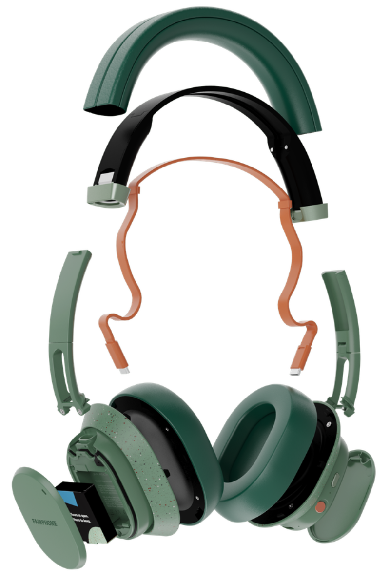 exploded view of the Fairbuds XL in green