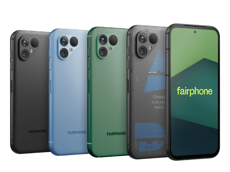 Fairphone 5 in black, blue, green and transparent