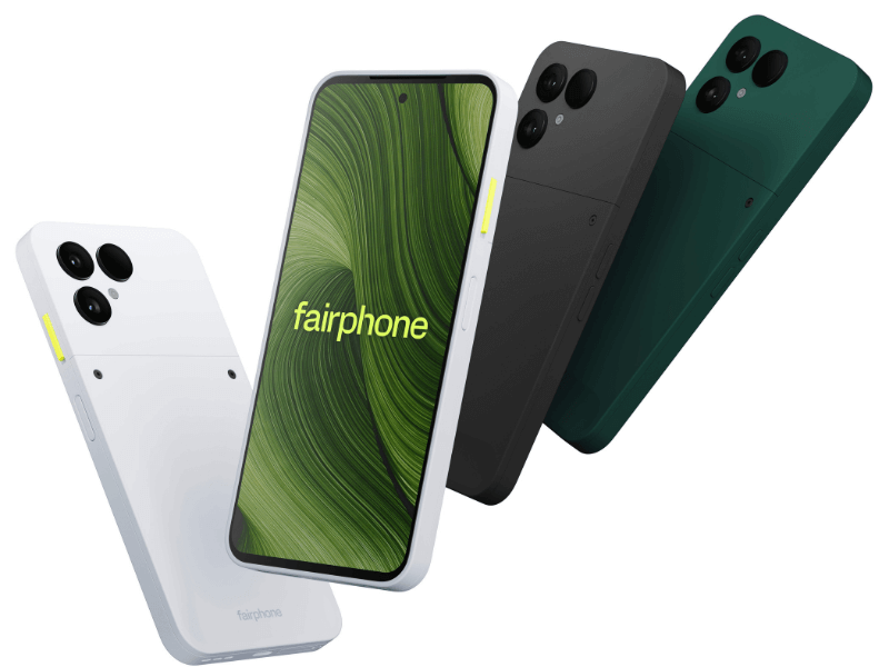 Fairphone Gen. 6 in white, black and green