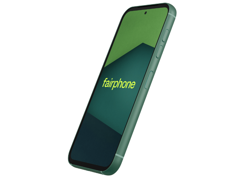 Fairphone 5 in green stood up
